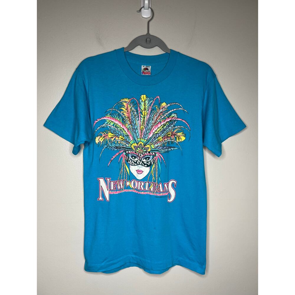 Vintage New Orleans Mardi Gras Mask T-Shirt Blue 90s Festival Tourist Medium USA